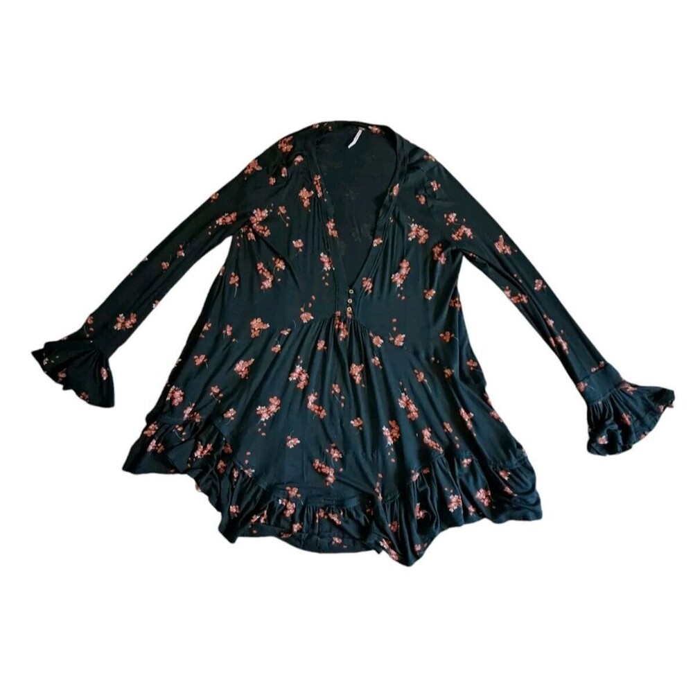 Free People Green Floral Flowy Long Sleeve Boho Plunge Neck Mini Dress Medium